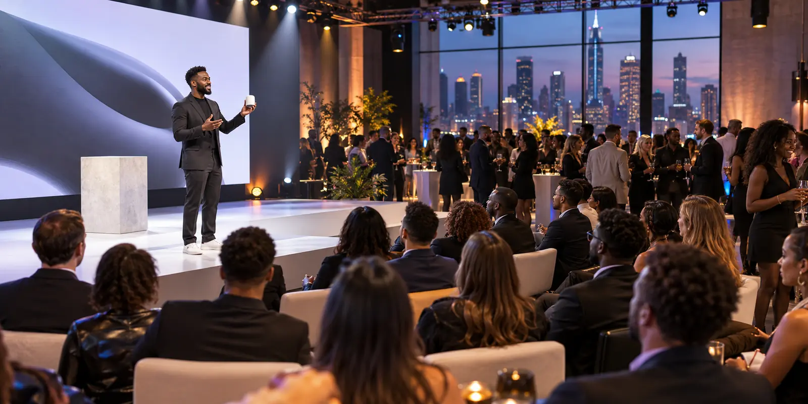 Guests watching a founder present at a product launch