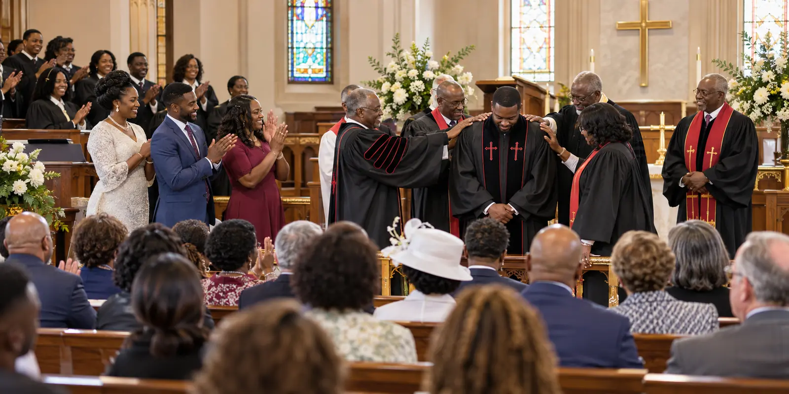 A newly ordained minister celebrated by clergy and family
