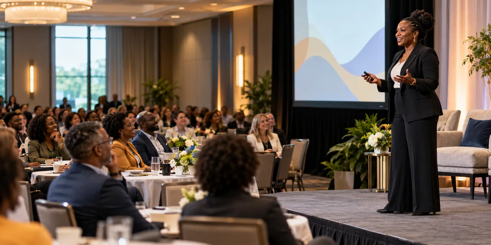 A speaker addressing a diverse audience at a professional seminar
