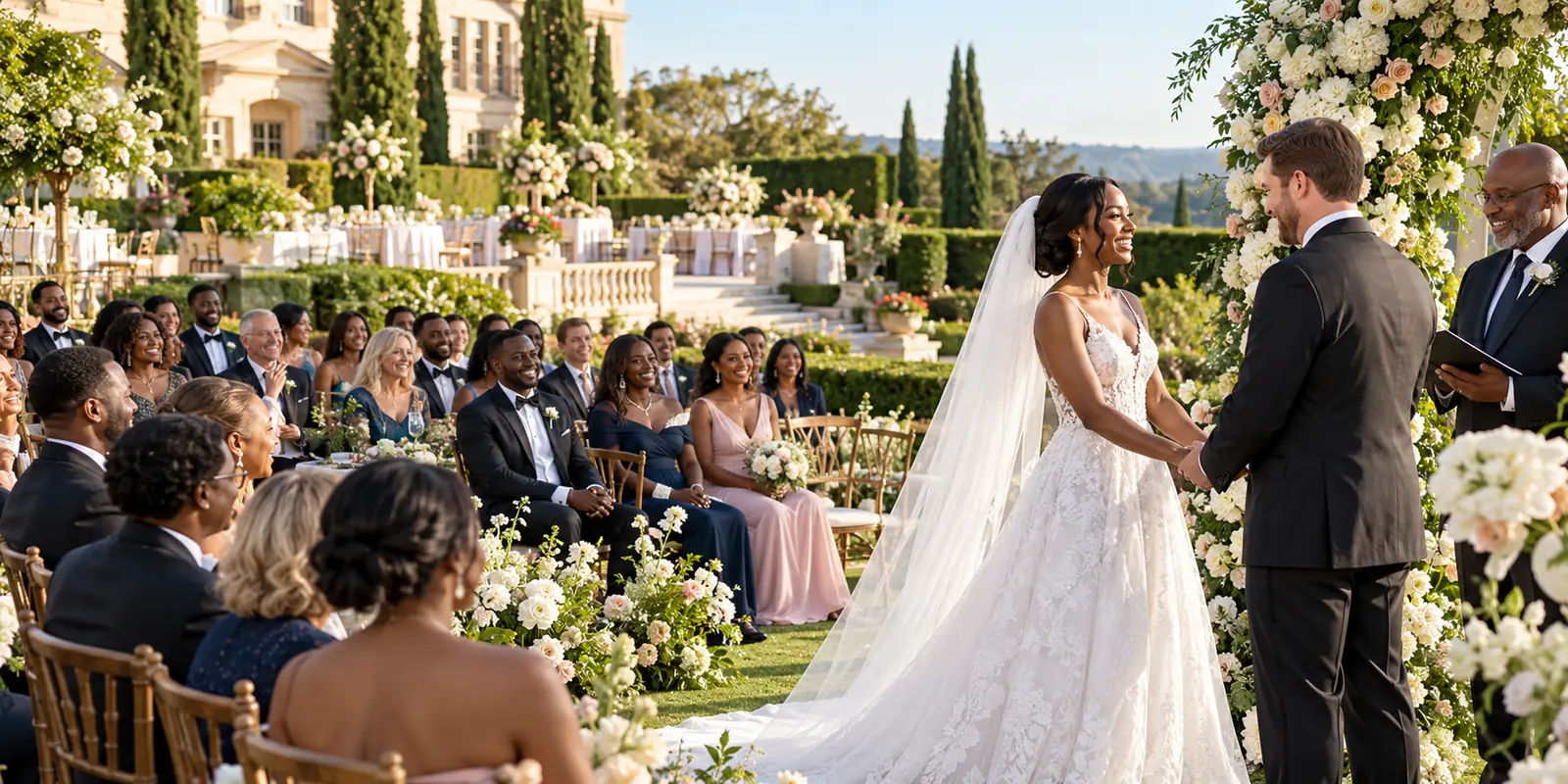 A joyful outdoor wedding celebration with family and friends